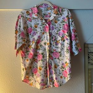 Vintage white pink floral printed short sleeve button down blouse top